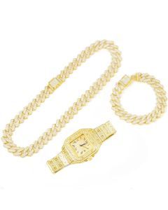 3pcs Men's Watch Set Square Watch Cuban Chain Bracelet (Gold)