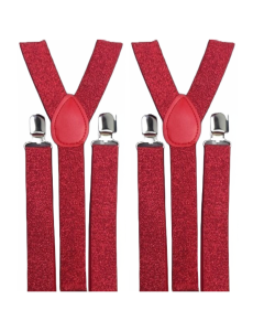 2x Red Glitter Slim Suspenders - Strong Adjustable Clip On Braces for Weddings/Formals
