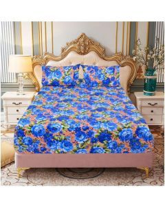 Queen Luxury 100% Cotton Fitted Bed Sheet & 2 Pillow Case Combo Set - Blue Floral