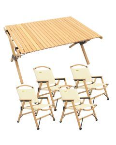 4 Chairs & 1 Table Set Bamboo Camping Folding Portable Outdoor Picnic Travel BBQ