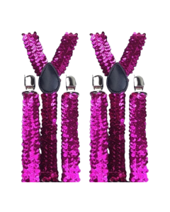 2x Hot Pink Sequin Slim Suspenders - Strong Adjustable Clip On Braces for Weddings/Formals