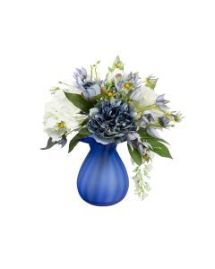 32cm Rose Peony & Wisteria Arrangement in Glass Artificial Flower Plant - Blue