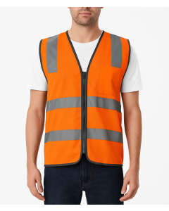 Orange Hi Vis Zip Up Safety Vest - Reflective Tape Day/Night Workwear (One Size)