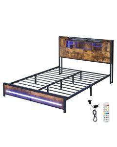Levede Queen Bed Frame Storage Headboard Shelf Industrial RGB Light LED Charging