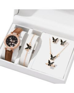 Butterfly Jewelry Set Watch Necklace Earrings Bracelet (Brown)