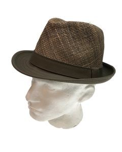 NATURAL STRAW HAT Trilby Fedora Vented w Canvas Brim Summer Sun Cap