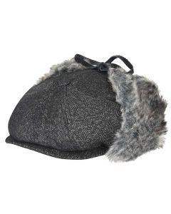 Bailey Mens Duane Ivy Flat Cap with Fold-Down Faux Fur Ear Flaps - Black