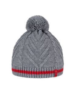 BRBL Merino Wool Blend Pull On BEANIE Hat Knitted Pom Pom - Grey/Red - S