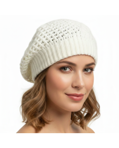 Womens French Beret Hat - White (Warm Winter Knitted Double Layered Beanie)