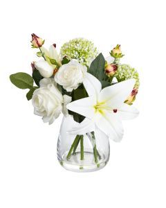 28cm Peony & Lily Arrangement in Glass Faux Artificial Flowers Bunch Fake Floral