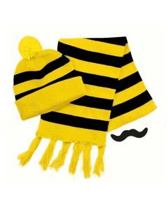 Tigers Beanie Hat & Scarf Set Party Costume w Moustache Warm Winter - Black/Yellow Stripe