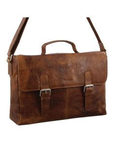 Pierre Cardin Mens Rustic Leather Flap Over 15" Laptop Computer Bag - Cognac