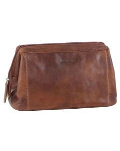Pierre Cardin Mens Rustic Leather Toiletry Case Bag Travel - Cognac