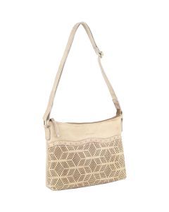 Pierre Cardin Womens Leather Perforated Cross-Body Bag with stud Detailing - Latte