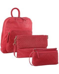 3PC Set Pierre Cardin Womens Woven Leather Cross-Body Bags + Backpack - Red