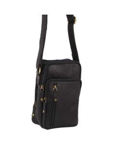 Pierre Cardin Rustic Leather Cross Body Bag Messenger Mens Satchel Day Pack - Black