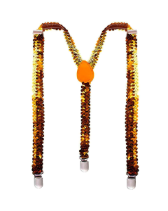 Mens Orange Sequin Slim Suspenders - Strong Adjustable Clip On Braces for Weddings/Formals