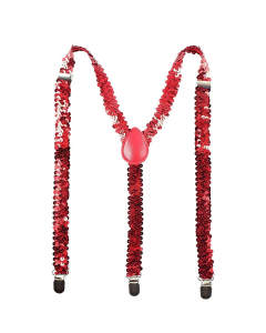 Mens Red Sequin Slim Suspenders - Strong Adjustable Clip On Braces for Weddings/Formals