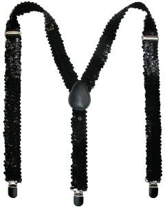Black Sequin Suspenders - Unisex Adjustable Clip On Elastic Y-Back Braces