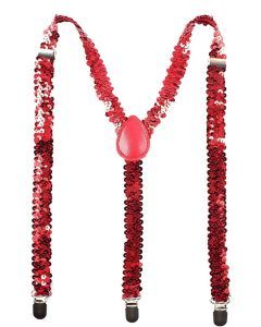 Red Sequin Suspenders - Unisex Adjustable Clip On Elastic Y-Back Braces