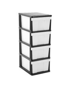 MEGA 4 Tier Drawer Storage Shelf Unit Organiser - Plastic Level Office Cabinet in Black/White