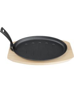 Steak Sizzle Plate Cast Iron Sizzling Platter Serving Plate Wooden Base + Handle