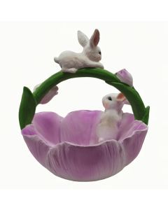 Resin Bunny & Lotus Figurine for Home Decor