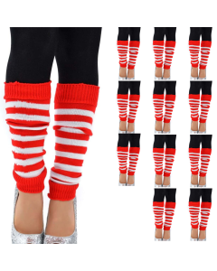 12x Red/White Stripe Ribbed Leg Warmers Bulk Pack - Womens Dance Costume/80s Party