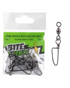 7 Pack of Size 1 Bite Science Black Crane Swivels with Coastlock Snaps - 143lb