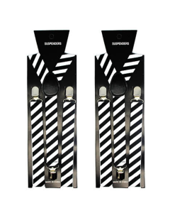 2x Black/White Stripe Slim Suspenders - Strong Adjustable Clip On Braces for Weddings/Formals