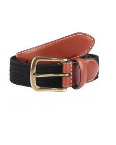 Dents Mens Elastic Stretch Belt Leather End Webbing - Black/Cognac