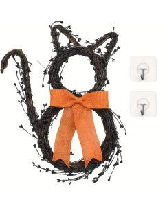 Black Cat Silhouette Twig Wreath Halloween Decoration