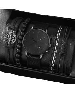 4pcs Men's Quartz Watch Set with Bracelets (Black)