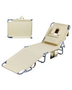 Levede Folding Beach Lounge Chair with Face Hole Sun Lounger Camping Khaki