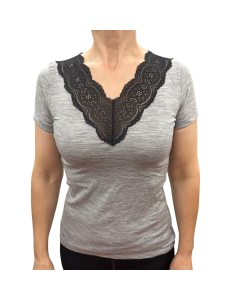 Merino Skins Womens Audrina V-Neck Short Sleeve Thermal Wool Top  - Grey Marle