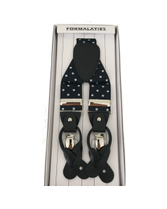 Mens Polka Navy/White Premium Convertible Suspenders - Adjustable Clip On Elastic Y-Back Braces