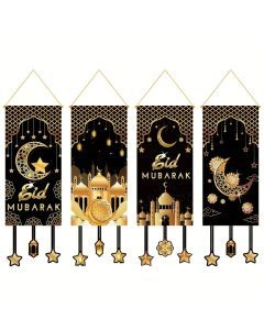 4pcs Black Golden Moon Islamic Hanging Flags