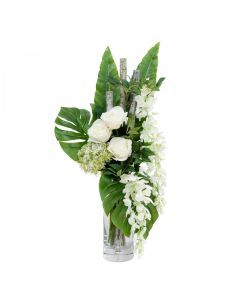 80cm Rose & Wisteria Artificial Arrangement in Glass Vase (Faux Floral Decor)