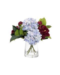47cm Magnolia & Hydrangea Artificial Arrangement in Glass Vase (Faux Floral Decor)