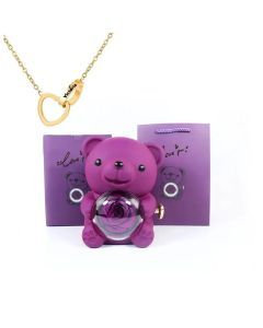 Eternal Rose Teddy Bear Gift Box with Necklace (Purple Rose gold)