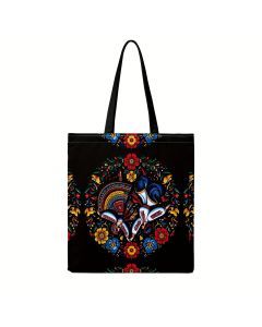 Ukrainian Floral Print Tote Bag - Black (Colourful Ethnic Pattern & Fixed Shoulder Straps)