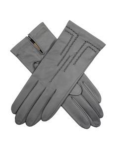 Dents Womens Leather Gloves with Button Detail & Elastic Palm - Grey (Silk Feel Lining)