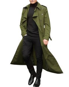Men's Long Streetwear Trench Coat with Epaulets (Army Green)