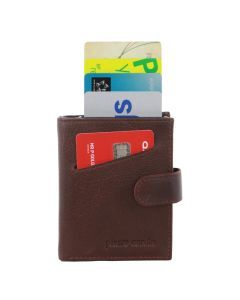Pierre Cardin Leather Smart Slide Card Holder Tab Wallet with Buckle RFID - Brown