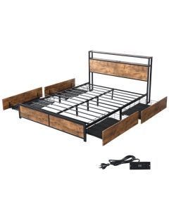 Levede Queen Bed Frame Industrial RGB LED Drawers Storage Headboard USB Charge