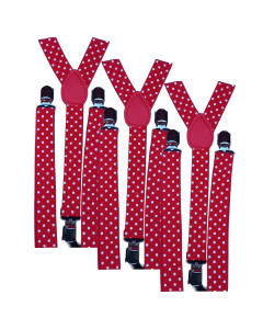 3x Red/White Polka Dot Slim Suspenders Bulk Pack - Strong Adjustable Clip On Braces for Weddings/Formals