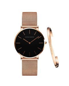 Women's Mesh Bracelet Watch Set (Black Brown)