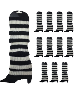 12x Black/White Stripe Ribbed Leg Warmers Bulk Pack - Womens Dance Costume/80s Party