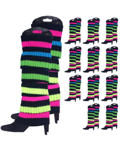 12x Rainbow/Black Stripe Ribbed Leg Warmers Bulk Pack - Womens Dance Costume/80s Party