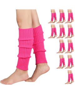 12x Hot Pink Ribbed Leg Warmers Bulk Pack - Womens Dance Costume/80s Party